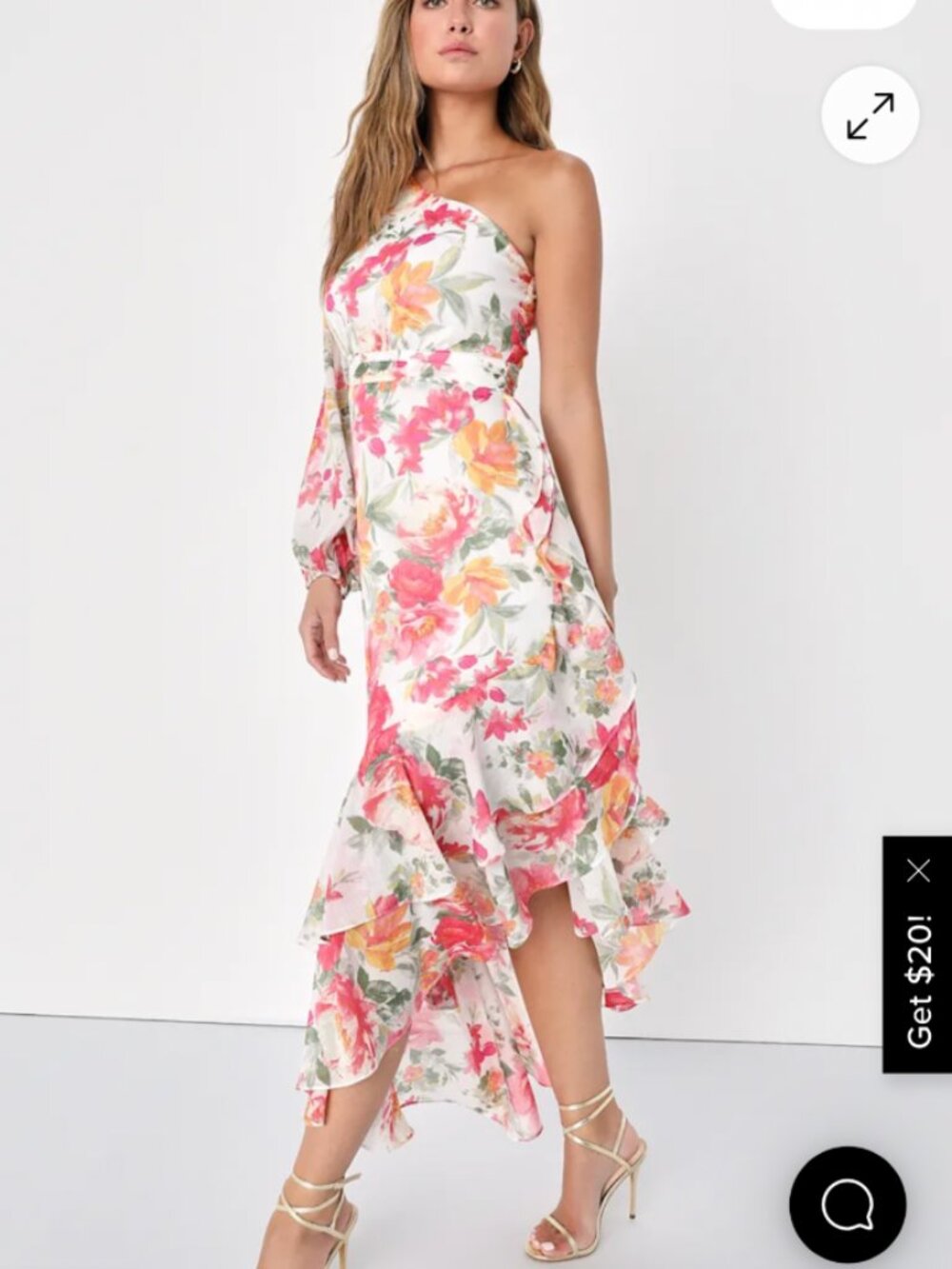 Lulu's Graceful Essence Long Sleeve Asymmetric Hem Dress, LARGE, WHITE FLORAL - Picture 2 of 9
